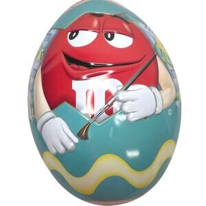 EASTER EGG TIN METAL CONTAINER  Red  M & M Guy   Removable Lid    6" Long   2015